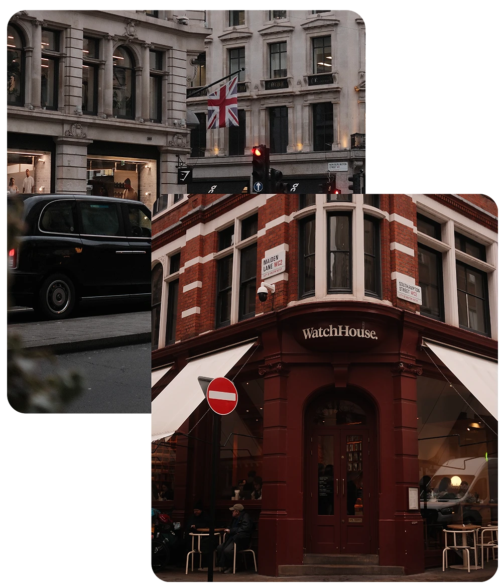 Sfeervolle straten en typisch Londense architectuur met WatchHouse café en Britse vlag in het centrum van Londen