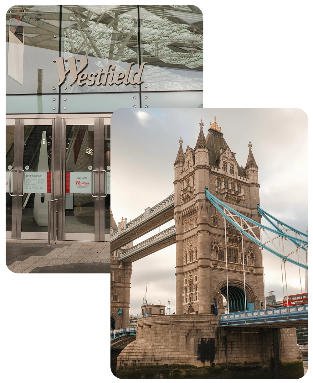 Westfield London shopping center en de iconische Tower Bridge in Londen tijdens een stedentrip door Engeland