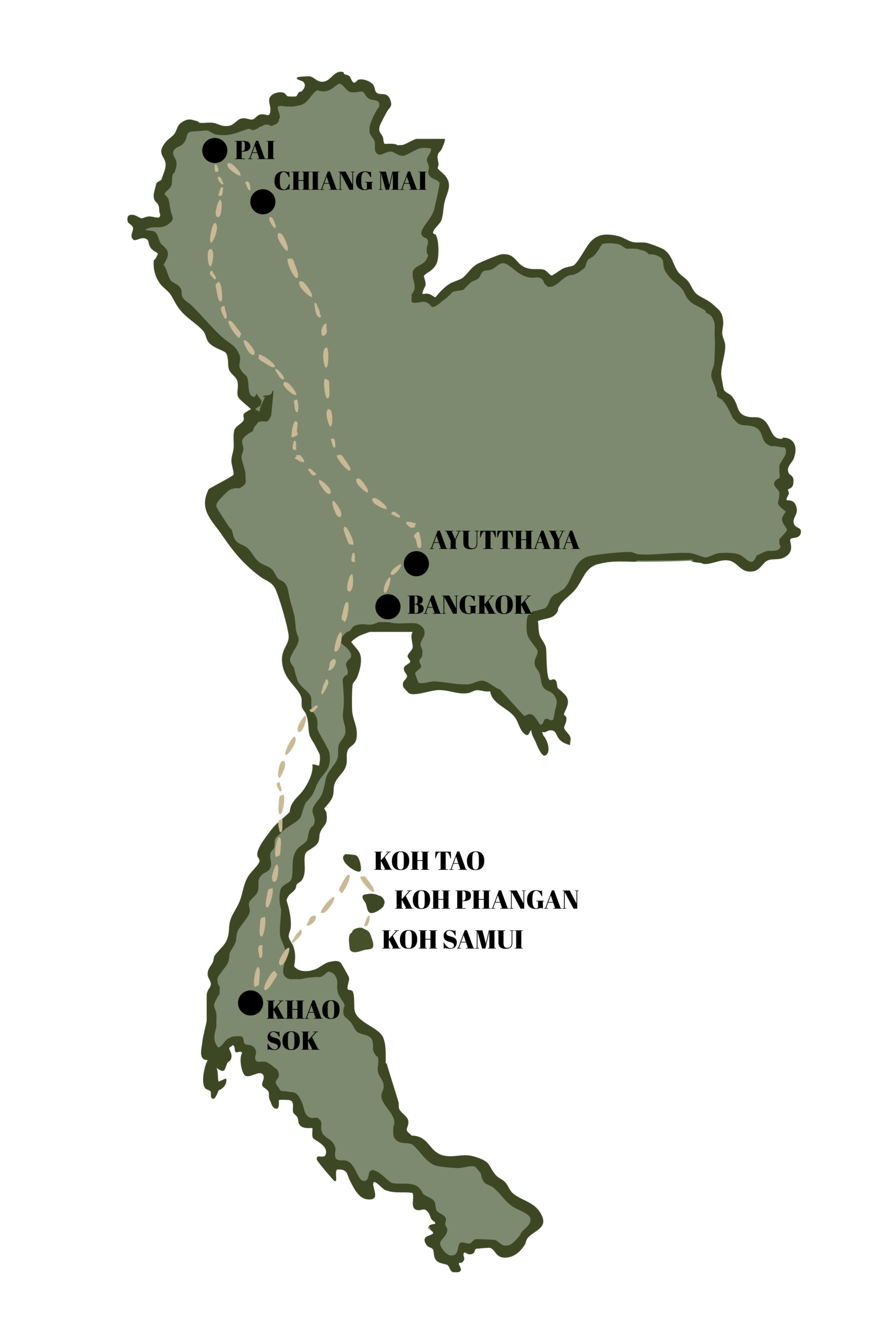 Kaart van Thailand met de ligging van de bestemmingen