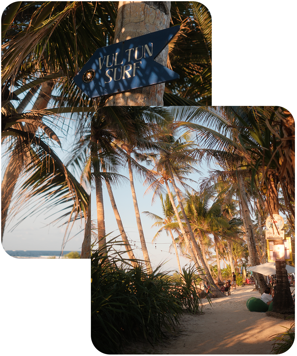 Vulcan Surf beachpad met palmbomen op Siargao bij zonsondergang in de Filipijnen