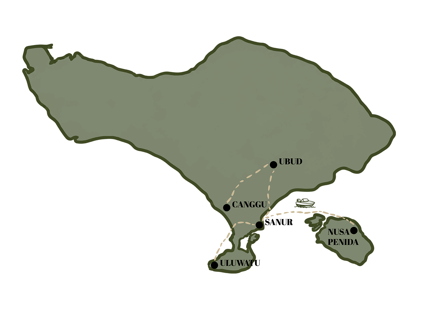 Kaart van Bali met de ligging van de bestemmingen op het eiland