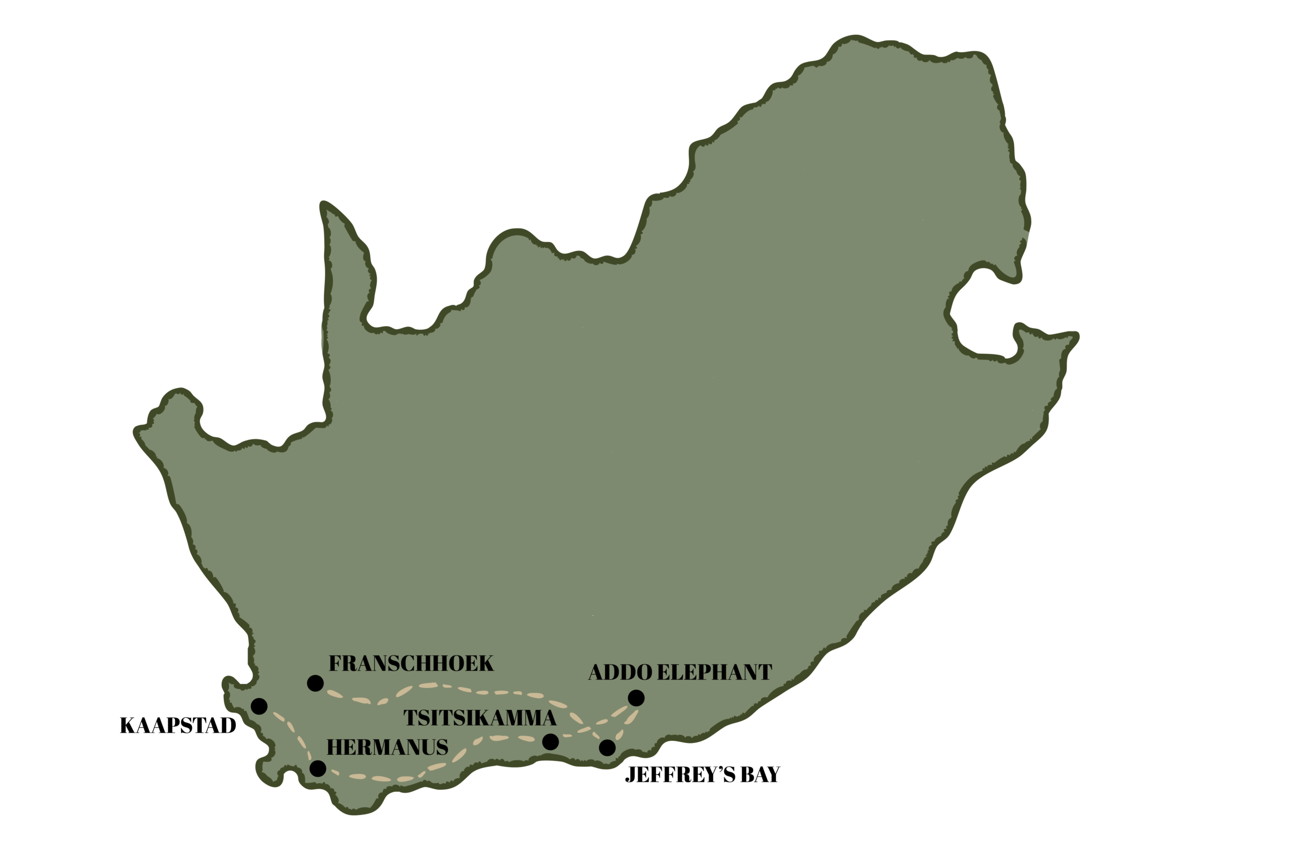 Kaart van Zuid-Afrika voor de reisroute langs de zuidkust